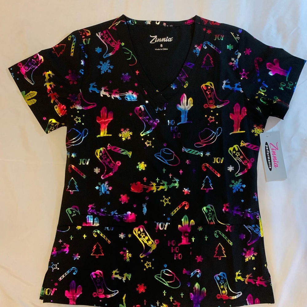 NWT Zinnia Neon Western Print V-Neck Scrub Top Size Small